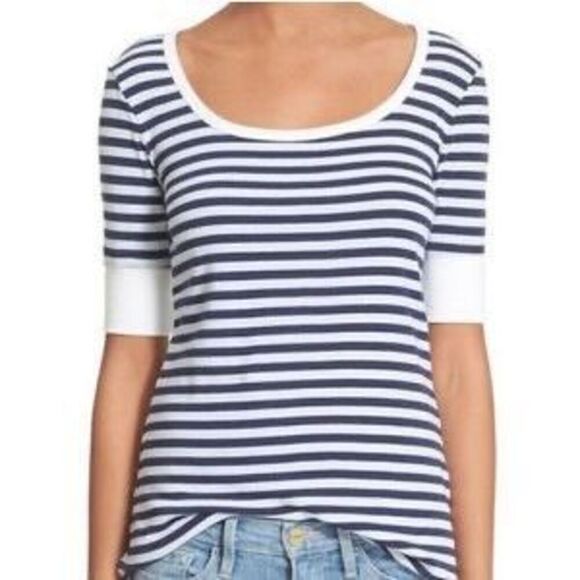 FRAME Denim Tee Shirt Stripe Navy White Cotton stretch Size M - Picture 1 of 6